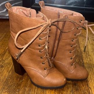 Tan thick heel bootie boots